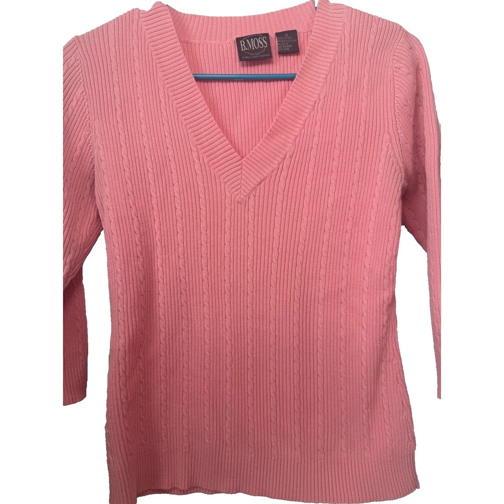Vintage Women's Sweater Small Pink 100% Cotton V-Neck Cable B Moss